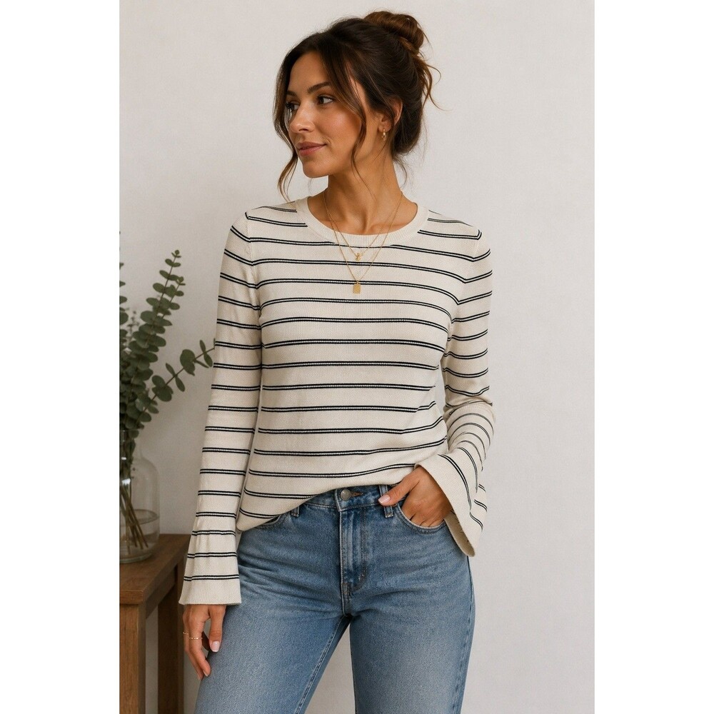 Ann Taylor Petite Bell Sleeve Sweater SP Ivory Black Stripe Knit Casual Top